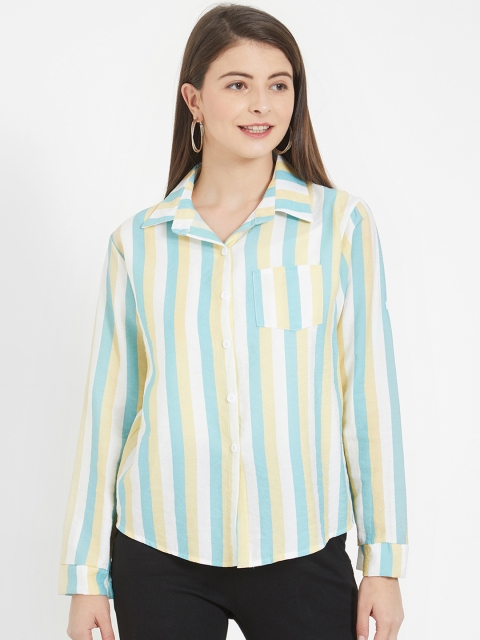 

Soie Women Blue & White Regular Fit Striped Casual Shirt