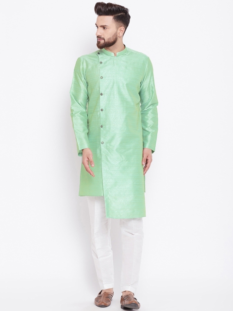 

See Designs Men Lime Green & White Printed Silk Kurta with Pyjamas