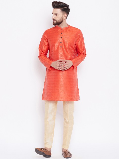 

See Designs Men Orange & Cream-Coloured Printed Silk Kurta with Pyjamas