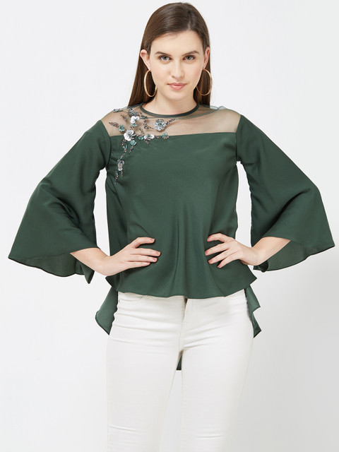 

Soie Women Green Solid High-Low Top