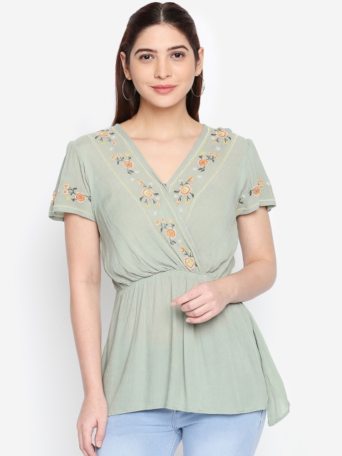 

Oxolloxo Women Olive Green Solid Wrap Top