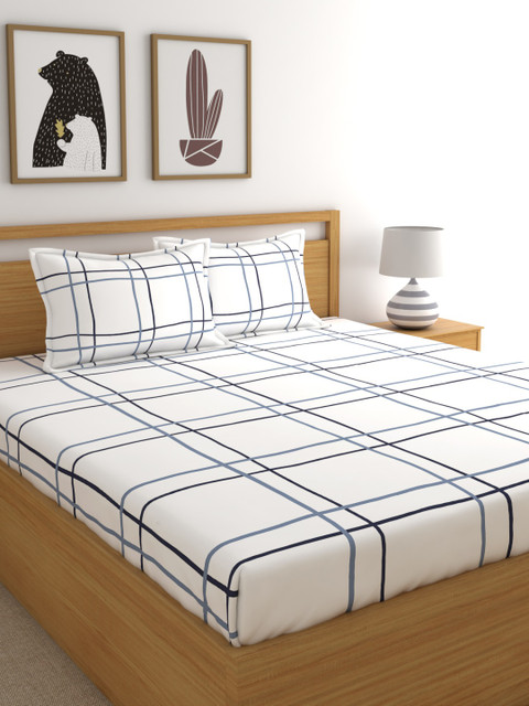 

Home Ecstasy White & Navy Blue Geometric 140 TC Cotton 1 Queen Bedsheet with 2 Pillow Covers