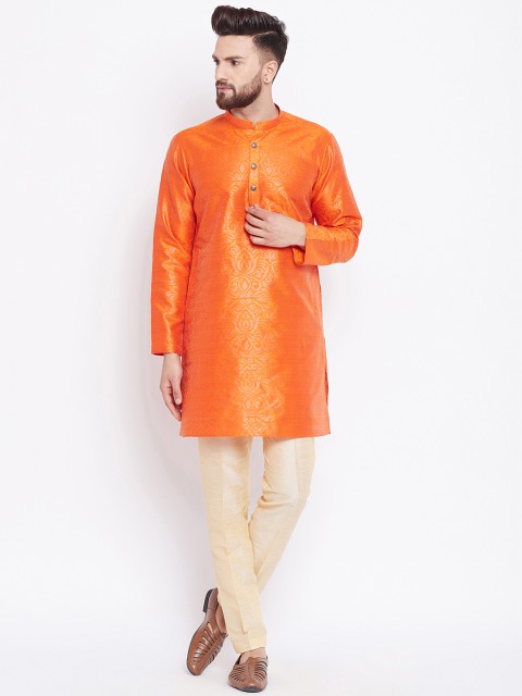 

See Designs Men Orange & Cream-Coloured Printed Silk Kurta with Pyjamas
