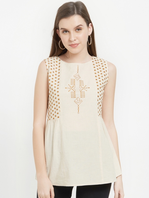 

Soie Women Beige Embroidered A-Line Pure Cotton Top