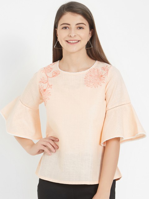 

Soie Women Peach-Coloured Solid A-Line Pure Cotton Top