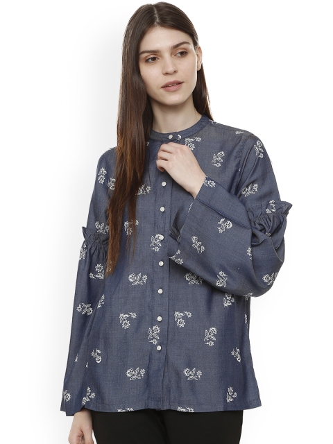 

Van Heusen Woman Navy Blue Printed Shirt Style Top