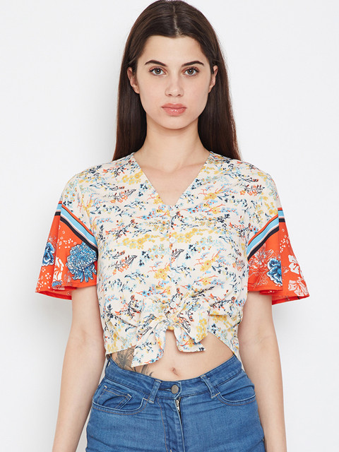 

Oxolloxo Women Beige & Orange Printed High-Low Top