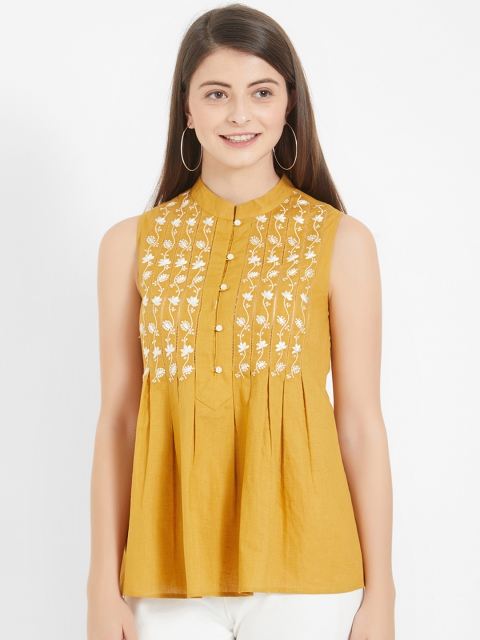 

Soie Women Mustard Yellow Printed A-Line Pure Cotton Top