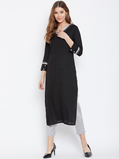 

PANIT Women Black & Silver-Toned Solid Straight Kurta