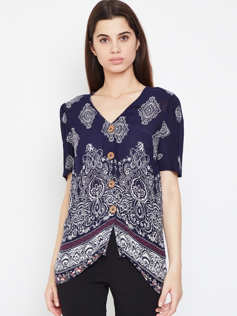 

Oxolloxo Women Navy Blue Printed Shirt Style Top