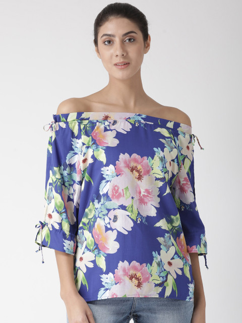 

The Vanca Women Blue & Off-White Printed Bardot Top