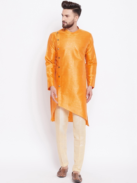

See Designs Men Mustard Orange Printed Straight Asymmetric Kurta