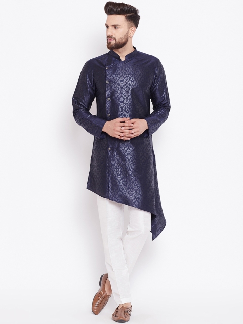 

See Designs Men Navy Blue Woven Design Asymmetric Straight Kurta