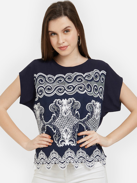 

Soie Women Navy Blue Self Design Boxy Top