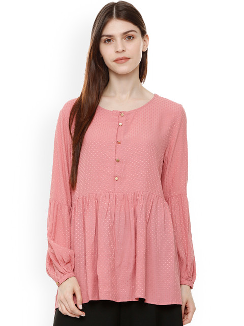 

Van Heusen Woman Pink Self Design Cinched Waist Top