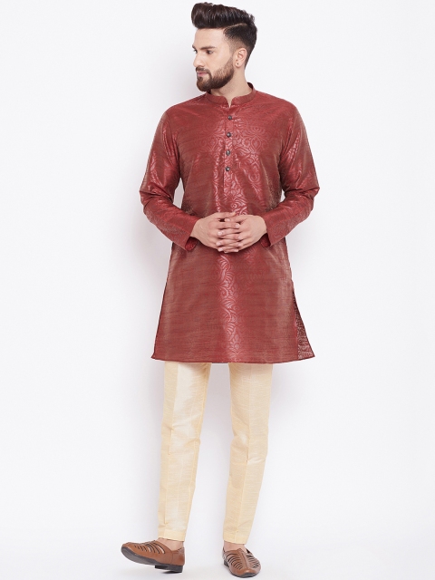 

See Designs Men Burgundy & Cream-Coloured Printed Silk Kurta with Pyjamas