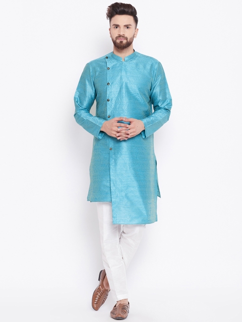 

See Designs Men Turquoise Blue & White Silk Printed Kurta with Pyjamas