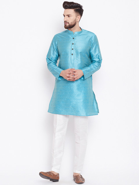 

See Designs Men Turquoise Blue & White Printed Silk Kurta with Pyjamas