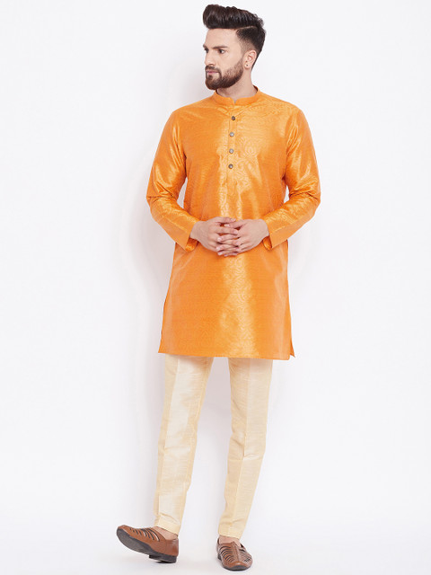 

See Designs Men Mustard Yellow & Cream-Coloured Printed Silk Kurta with Pyjamas