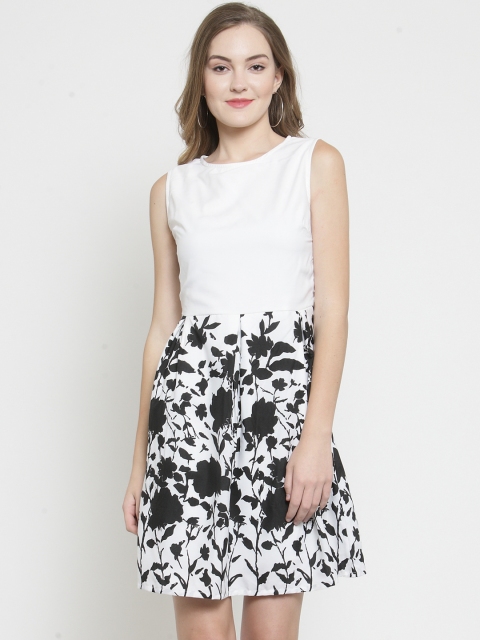 

Color Cocktail Women White & Black Printed Fit and Flare Dress