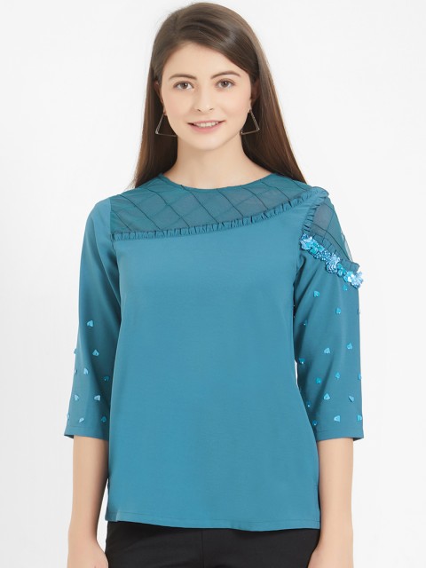 

Soie Women Blue Embellished A-Line Top