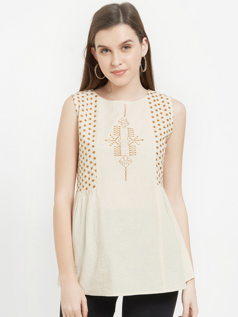 

Soie Women Beige Solid A-Line Pure Cotton Top