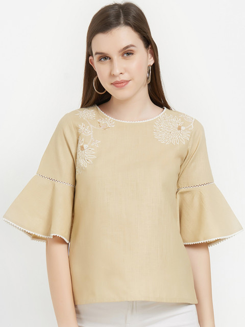 

Soie Women Beige Solid A-Line Pure Cotton Top