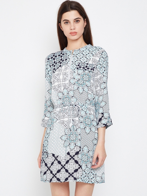 

Oxolloxo Women Turquoise Blue Printed Fit and Flare Dress