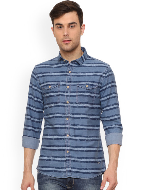 

People Men Blue Slim Fit Striped Casual Shirt
