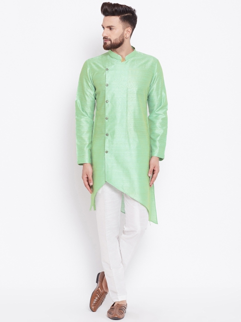 

See Designs Men Lime Green & White Printed Silk Kurta with Pyjamas