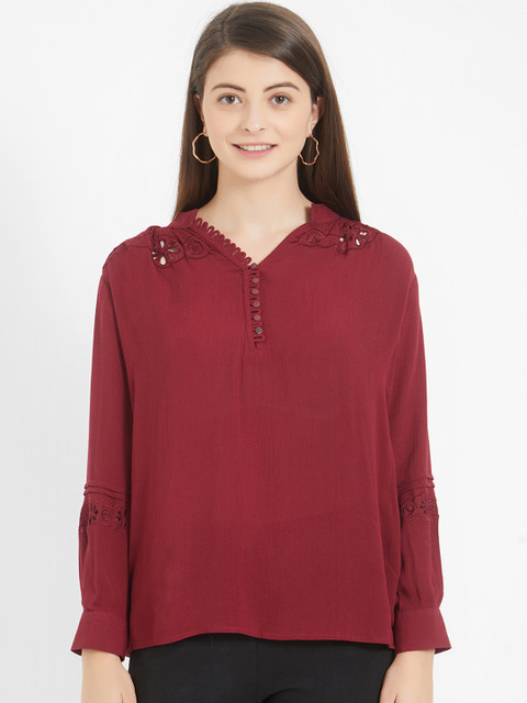 

Soie Women Maroon Self Design Shirt Style Pure Cotton Top