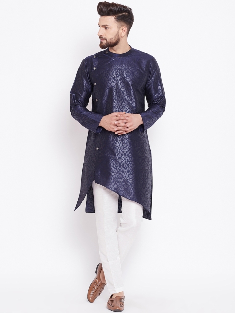 

See Designs Men Navy Blue & White Printed Silk Kurta with Pyjamas