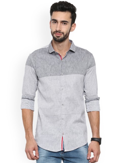 

WITH Men Grey & White Slim Fit Striped Casual Shirt