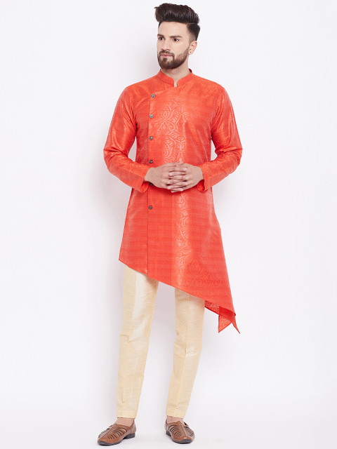

See Designs Men Coral Red & Beige Printed Kurta with Trousers
