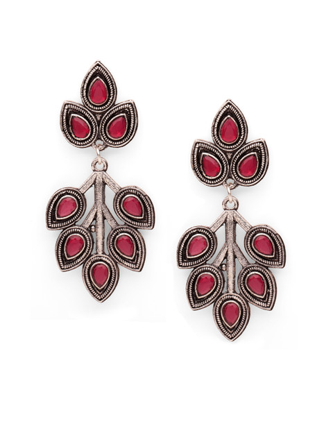 

Fabstreet Women Pink & Silver-Plated Handcrafted Leaf Shaped Drop Earrings