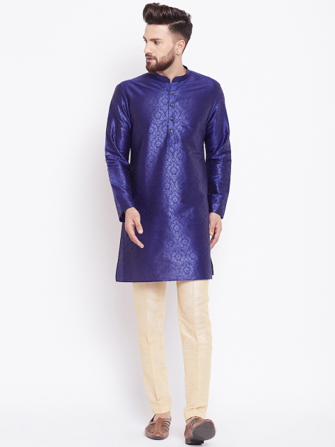 

See Designs Men Blue & Cream-Coloured Printed Silk Kurta with Pyjamas