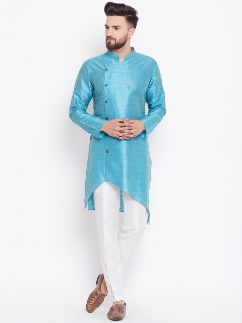 

See Designs Men Turquoise Blue & White Printed Silk Kurta with Pyjamas