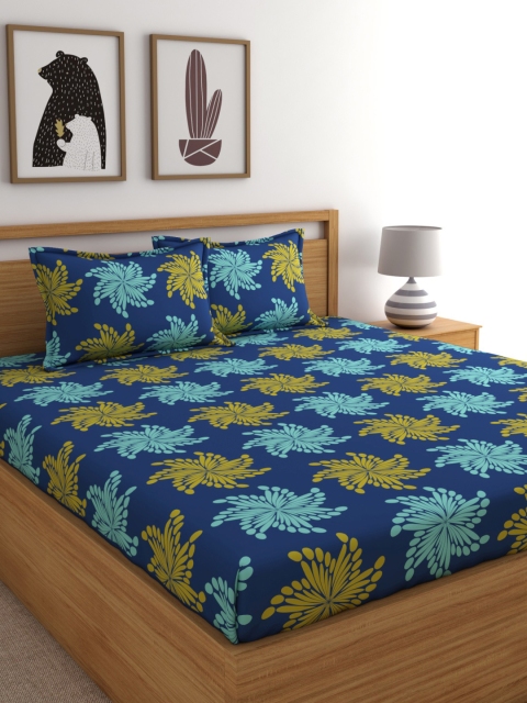 

Home Ecstasy Blue & Green Floral 140 TC Cotton 1 Queen Bedsheet with 2 Pillow Covers