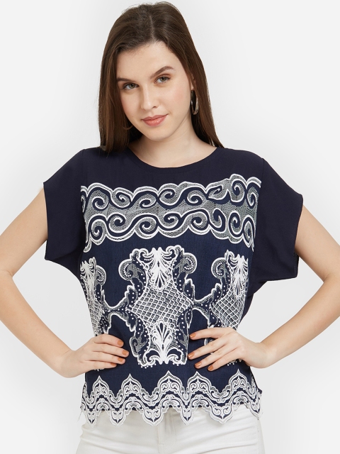 

Soie Women Navy Blue Self Design Boxy Top