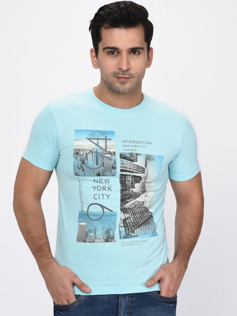 

Okane Men Turquoise Blue Printed Round Neck T-shirt