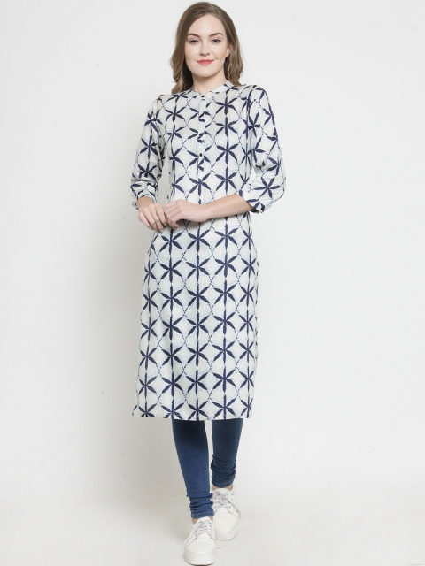 

Color Cocktail Women White & Blue Printed Straight Kurta