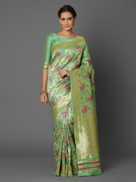 

Mitera Green Silk Blend Woven Design Banarasi Saree
