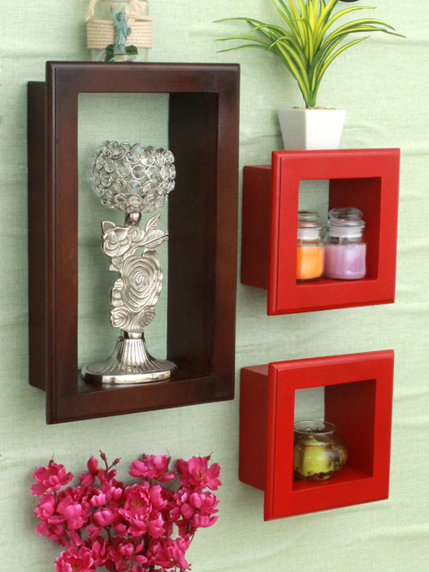 

Home Sparkle Set of 3 Brown & Red MDF Basic Wall Shelf
