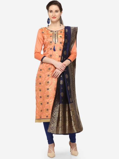

Blissta Peach-Coloured & Navy Blue Silk Blend Unstitched Dress Material