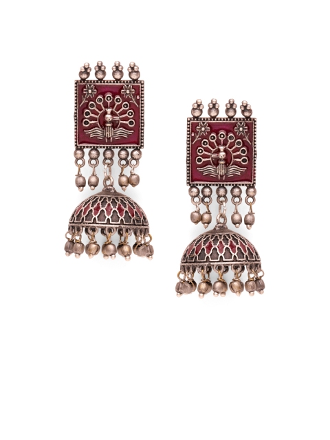 

Fabstreet Silver-Toned & Pink Peacock Shaped Jhumkas