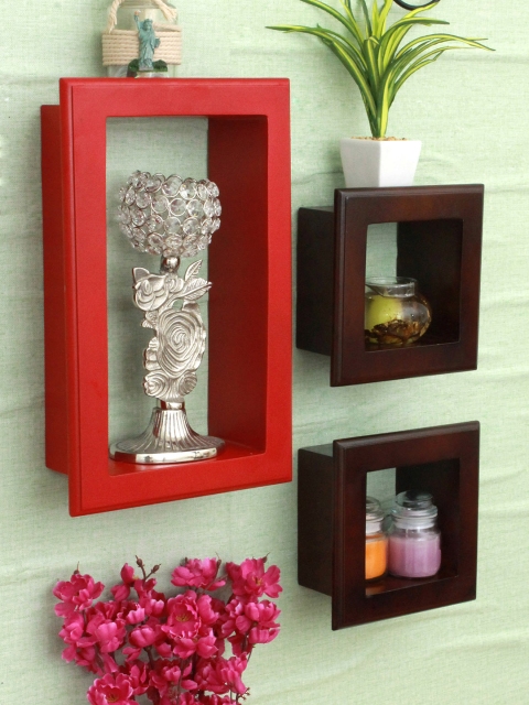 

Home Sparkle Set of 3 Red & Brown MDF Basic Wall Shelf