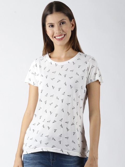 

Blue Saint Women White Printed Round Neck T-shirt