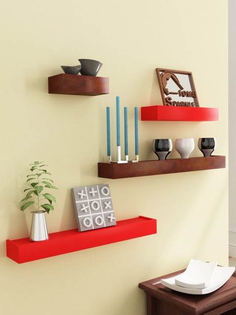 

Home Sparkle Set of 4 Red & Brown MDF Basic Wall Shelf