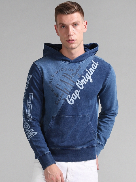 

GAP Men Blue Printed Patch Hooded Sweatshirt