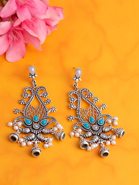 

Voylla Women Silver-Plated & Blue Oxidised Contemporary Drop Earrings